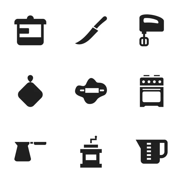 Набір з 9 значків для приготування їжі. Включає такі символи, як тісто, кавовий горщик, агітатор та багато іншого. Може використовуватися для веб, мобільного, інтерфейсу та інфографіки . — стоковий вектор