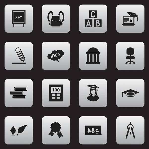 Conjunto de 16 iconos escolares editables. Incluye símbolos como bolsa de escuela, calculadora, mujer graduada y más. Puede ser utilizado para el diseño de la tela, móvil, interfaz de usuario e infografía . — Archivo Imágenes Vectoriales