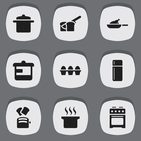 Készlet 9 szerkeszthető élelmiszer-ikonok. Edény, szelet kenyér, tojás karton, és szimbólumokat tartalmaz. Lehet használni a Web, mobil, Ui és Infographic Design. — Stock Vector