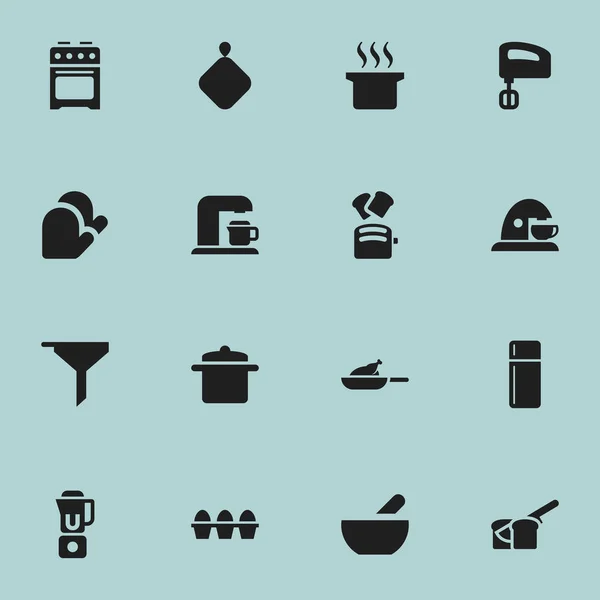 Satz von 16 editierbaren Food-Symbolen. enthält Symbole wie Topfhalter, Suppentopf, Grill und mehr. kann für Web-, Mobil-, UI- und Infografik-Design verwendet werden. — Stockvektor