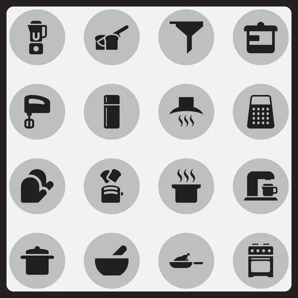 Набір з 16 редаговані приготування іконок. Включає в себе символи, такі як посуд, скибочку хліба, церковне та багато іншого. Може використовуватися для веб, мобільні, призначеного для користувача інтерфейсу і інфографіки дизайн. — стоковий вектор