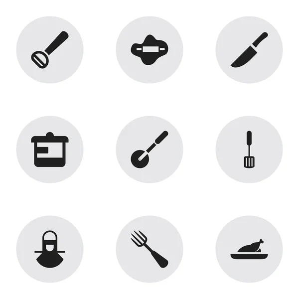 Uppsättning av 9 redigerbara mat ikoner. Innehåller symboler som redskapen, stekt kyckling, kniv rullen och mer. Kan användas för webb-, mobil-, Ui- och Infographic Design. — Stock vektor