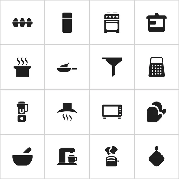 Zestaw 16 edycji ikon gotowania. Zawiera symbole, takie jak garnek zupy, kromka chleba, przybory i więcej. Mogą być używane dla sieci Web, mobilnych, interfejsu użytkownika i Infographic Design. — Wektor stockowy