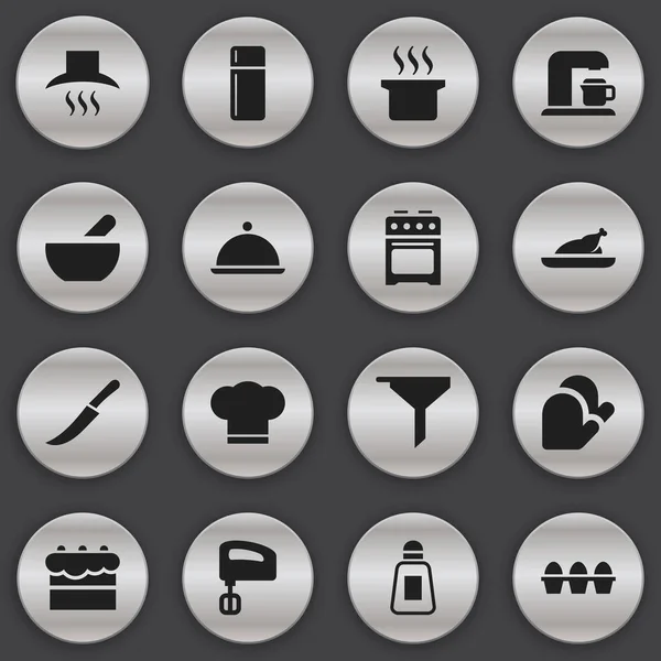 Ensemble de 16 icônes de cuisson modifiables. Comprend des symboles tels que réfrigérateur, épée, salver et plus. Peut être utilisé pour le Web, mobile, interface utilisateur et infographie . — Image vectorielle