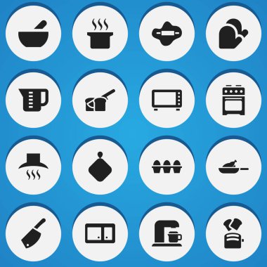 16 düzenlenebilir yemek simgeler kümesi. Yumurta kartonu, mutfak eldiveni, soba ve daha fazlası gibi simgeler içerir. Web, mobil, UI ve Infographic tasarımı için kullanılabilir.