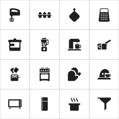 16 düzenlenebilir Cook simgeler kümesi. Ekmek, içecek makinesi, Kupası ve daha fazla gibi simgeler içerir. Web, mobil, UI ve Infographic tasarımı için kullanılabilir.