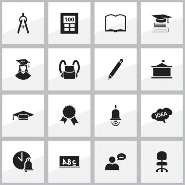16 düzenlenebilir mezuniyet simgeler kümesi. Okul yönetimi, Üniversitesi, hesap makinesi ve daha fazlası gibi simgeler içerir. Web, mobil, UI ve Infographic tasarımı için kullanılabilir.
