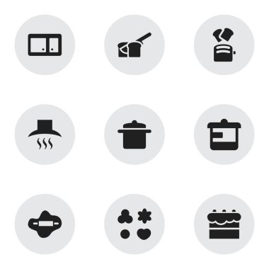 9 düzenlenebilir gıda simgeler kümesi. Ekmek, dilim ekmek, mutfak Hood ve daha fazlası gibi simgeler içerir. Web, mobil, UI ve Infographic tasarımı için kullanılabilir.