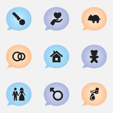 9 düzenlenebilir Kin simgeler kümesi. Ev, oyuncak, adam amblemi ve daha fazlası gibi simgeler içerir. Web, mobil, UI ve Infographic tasarımı için kullanılabilir.