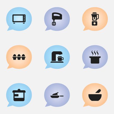 9 düzenlenebilir Cook simgeler kümesi. Karıştırıcı, ızgara, içecek makinesi ve daha fazla gibi simgeler içerir. Web, mobil, UI ve Infographic tasarımı için kullanılabilir.