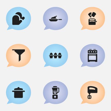 9 düzenlenebilir pişirme simgeler kümesi. Semboller gibi soba, tencere, el Mixer içerir. Web, mobil, UI ve Infographic tasarımı için kullanılabilir.