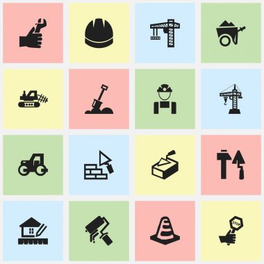 16 düzenlenebilir yapısını simgeler kümesi. Kaldırma donanımları, bakan, kask ve daha fazlası gibi simgeler içerir. Web, mobil, UI ve Infographic tasarımı için kullanılabilir.