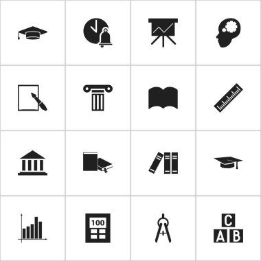 16 düzenlenebilir mezuniyet simgeler kümesi. Notepaper, matematik aracı, sözlük ve daha fazlası gibi simgeler içerir. Web, mobil, UI ve Infographic tasarımı için kullanılabilir.