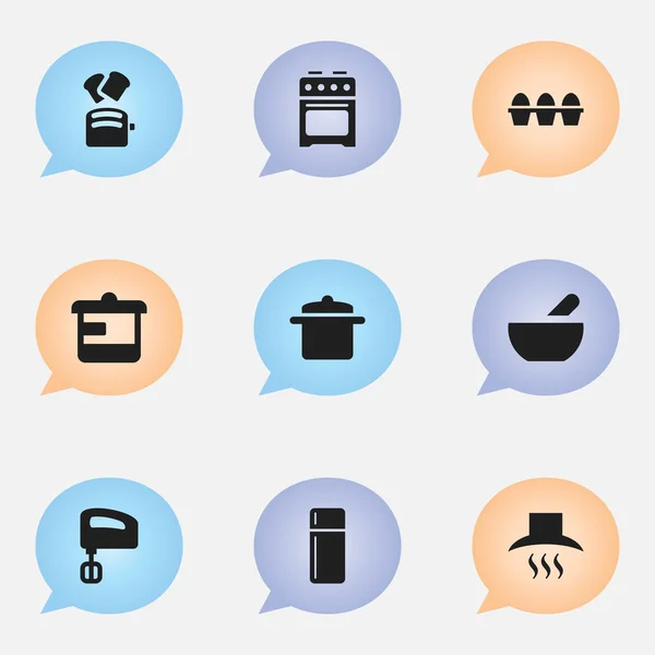 Set von 9 editierbaren Food-Symbolen. beinhaltet Symbole wie Kochgeschirr, Geschirr, Dunstabzugshaube und vieles mehr. kann für Web-, Mobil-, UI- und Infografik-Design verwendet werden. — Stockvektor
