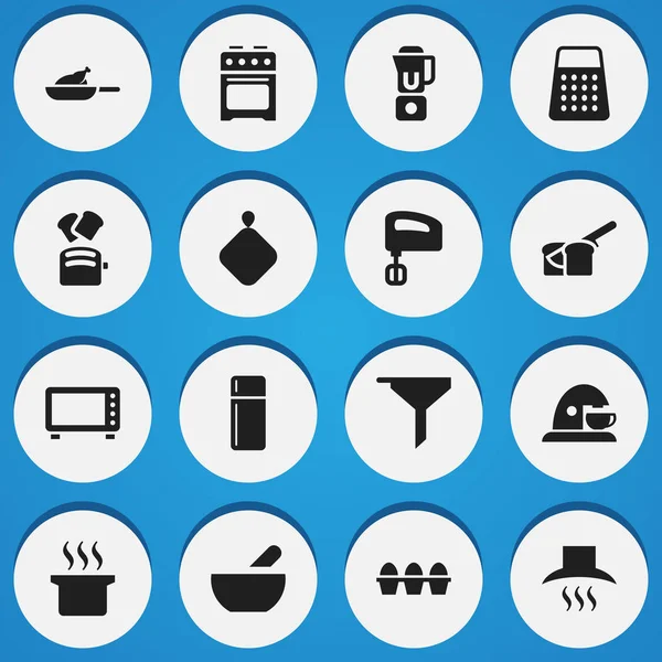Set de 16 iconos de cocina editables. Incluye símbolos tales como cartón del huevo, Pot-Holder, pan de rebanada y más. Puede ser utilizado para el diseño de la tela, móvil, interfaz de usuario e infografía . — Vector de stock