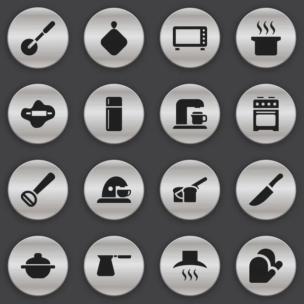 編集可能なクックの 16 のアイコンのセットです。キッチン グローブ、カップ、脱穀機などの記号が含まれています。ウェブ、モバイル、Ui とインフォ グラフィック デザインに使用することができます。. — ストックベクタ