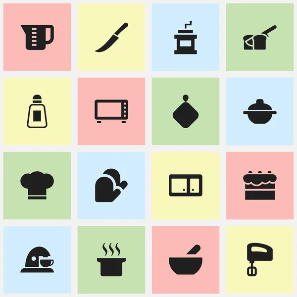 Set von 16 editierbaren Koch-Symbolen. beinhaltet Symbole wie Salzstreuer, Rührwerk, Sideboard und mehr. kann für Web-, Mobil-, UI- und Infografik-Design verwendet werden. — Stockvektor