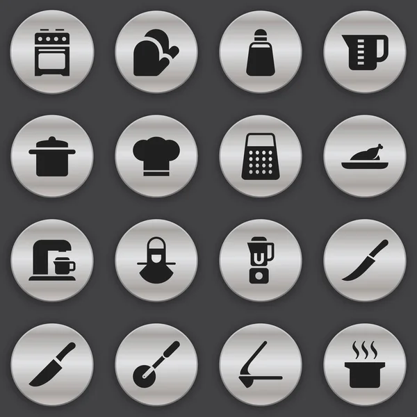 Conjunto de 16 iconos de comidas editables. Incluye símbolos tales como rodillo del cuchillo, cuchillo, estufa y más. Puede ser utilizado para el diseño de la tela, móvil, interfaz de usuario e infografía . — Vector de stock