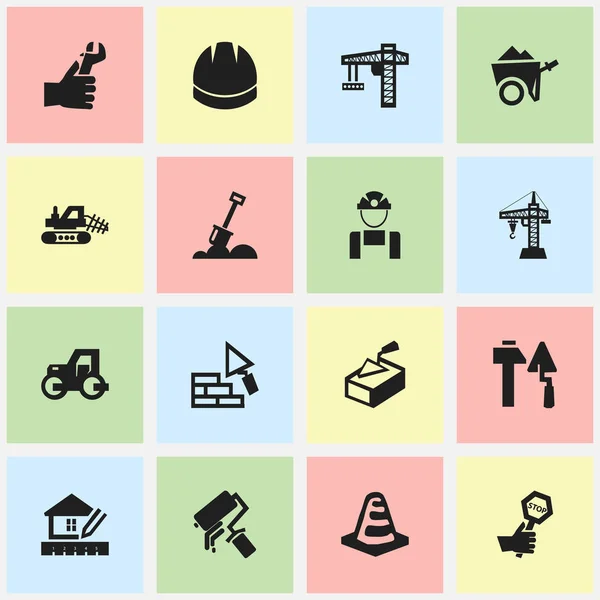 Set Of 16 Editable Structure Icons. Includes Symbols Such As Lifting Equipment, Facing, Hardhat And More. Can Be Used For Web, Mobile, UI And Infographic Design. — Stock Vector
