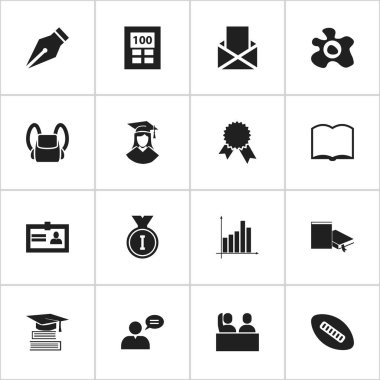 16 düzenlenebilir mezuniyet simgeler kümesi. İlk yer, kitap, yer imi ve daha fazlası gibi simgeler içerir. Web, mobil, UI ve Infographic tasarımı için kullanılabilir.