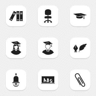 9 düzenlenebilir Üniversitesi simgeler kümesi. Elyaf, okul yönetimi, iş koltuk ve daha fazlası gibi simgeler içerir. Web, mobil, UI ve Infographic tasarımı için kullanılabilir.