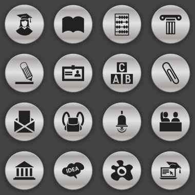 16 düzenlenebilir eğitim simgeler kümesi. Öğrenci, Alarm zili, çantanı ve daha fazlası gibi simgeler içerir. Web, mobil, UI ve Infographic tasarımı için kullanılabilir.