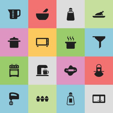 16 düzenlenebilir Cook simgeler kümesi. Mensural, Tuzluk, kızarmış tavuk ve daha fazlası gibi simgeler içerir. Web, mobil, UI ve Infographic tasarımı için kullanılabilir.