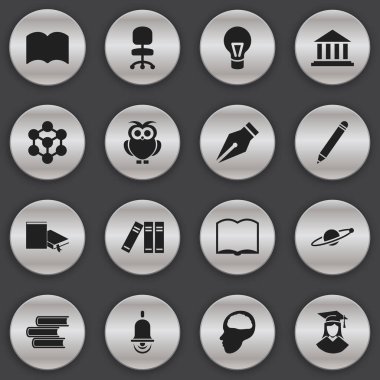 16 düzenlenebilir okul simgeler kümesi. Kalem, Bookshelf, molekül ve daha fazlası gibi simgeler içerir. Web, mobil, UI ve Infographic tasarımı için kullanılabilir.