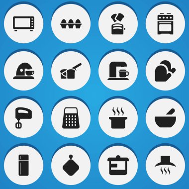 16 düzenlenebilir gıda simgeler kümesi. Fırın, mutfak eldiveni, buzdolabı ve daha fazlası gibi simgeler içerir. Web, mobil, UI ve Infographic tasarımı için kullanılabilir.