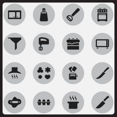 16 düzenlenebilir pişirme simgeler kümesi. Çorba kazanı, dilim ekmek, büfe ve daha fazlası gibi simgeler içerir. Web, mobil, UI ve Infographic tasarımı için kullanılabilir.