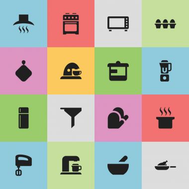 16 düzenlenebilir yemek simgeler kümesi. Gereçler, tencere tutacağı, içki Maker gibi simgeler ve daha fazlasını içerir. Web, mobil, UI ve Infographic tasarımı için kullanılabilir.