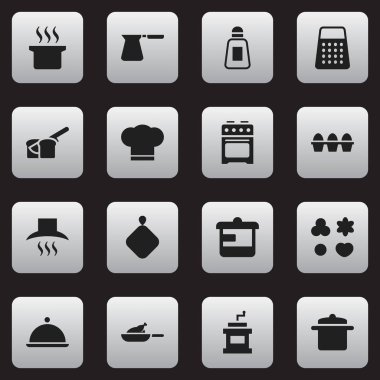 16 düzenlenebilir pişirme simgeler kümesi. Kahve Pot, ızgara, Mocha değirmeni ve daha fazlası gibi simgeler içerir. Web, mobil, UI ve Infographic tasarımı için kullanılabilir.