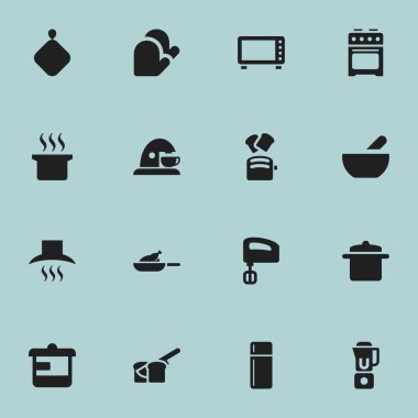 16 düzenlenebilir Cook simgeler kümesi. Mutfak Hood, Çorba kazanı, buzdolabı ve daha fazlası gibi simgeler içerir. Web, mobil, UI ve Infographic tasarımı için kullanılabilir.