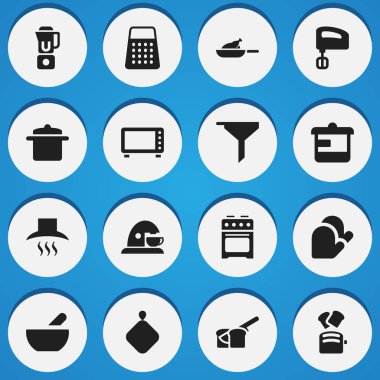 16 düzenlenebilir Cook simgeler kümesi. Semboller, tencere tutacağı, el mikseri filtreleme gibi içerir. Web, mobil, UI ve Infographic tasarımı için kullanılabilir.