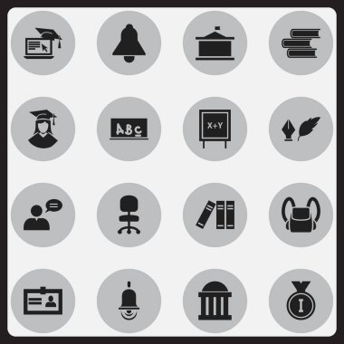 16 düzenlenebilir bilim simgeler kümesi. Uzaktan eğitim, Bell, edebiyat ve daha fazlası gibi simgeler içerir. Web, mobil, UI ve Infographic tasarımı için kullanılabilir.