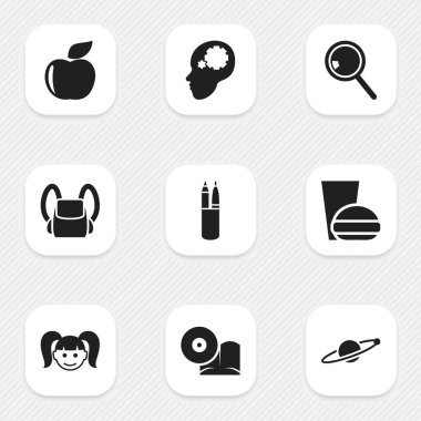 9 düzenlenebilir Üniversitesi simgeler kümesi. Kalem kılıfı, taze meyve, Astroloji ve daha fazlası gibi simgeler içerir. Web, mobil, UI ve Infographic tasarımı için kullanılabilir.