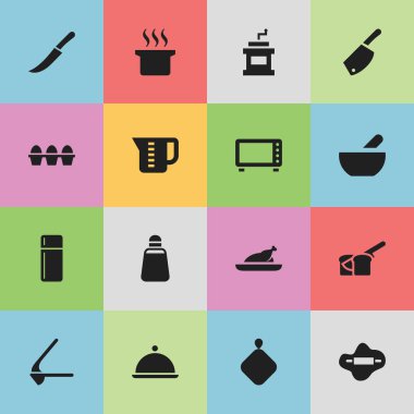 16 düzenlenebilir yemek simgeler kümesi. Çorba, buzdolabı, kırmızı biber ve daha fazlası gibi simgeler içerir. Web, mobil, UI ve Infographic tasarımı için kullanılabilir.