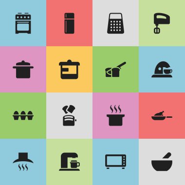 16 düzenlenebilir pişirme simgeler kümesi. Sembolleri soba gibi Çorba kazanı, gereçler ve daha fazlasını içerir. Web, mobil, UI ve Infographic tasarımı için kullanılabilir.