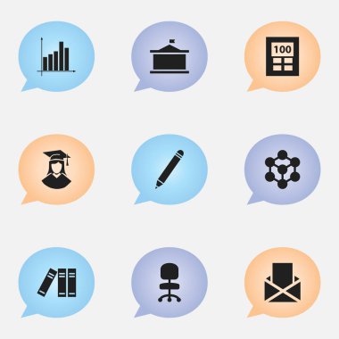 9 düzenlenebilir bilim simgeler kümesi. Kitaplık, molekül, Üniversitesi ve daha fazlası gibi simgeler içerir. Web, mobil, UI ve Infographic tasarımı için kullanılabilir.