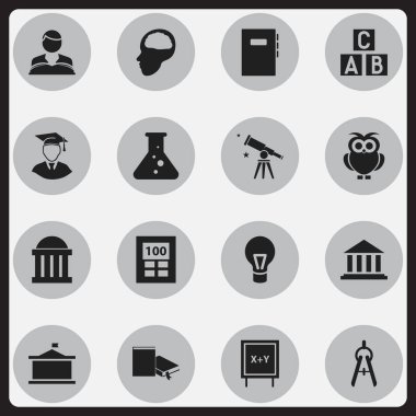 16 düzenlenebilir eğitim simgeler kümesi. Matematik aracı, Üniversitesi, Cerebrum ve daha fazlası gibi simgeler içerir. Web, mobil, UI ve Infographic tasarımı için kullanılabilir.