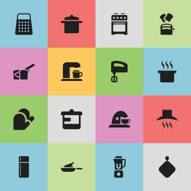 16 düzenlenebilir Cook simgeler kümesi. Tencere tutacağı vb. gibi mutfak eldiveni, kap, simgeler içerir. Web, mobil, UI ve Infographic tasarımı için kullanılabilir.