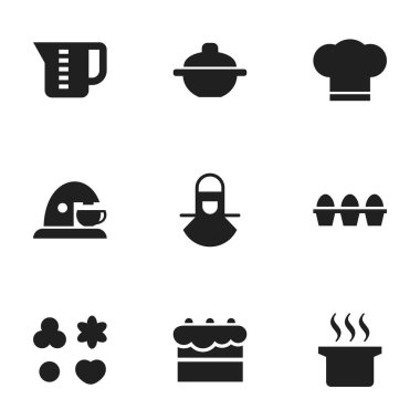 9 düzenlenebilir yemek simgeler kümesi. Çorba kazanı, aşçı şapkası, pasta ve daha fazlası gibi simgeler içerir. Web, mobil, UI ve Infographic tasarımı için kullanılabilir.