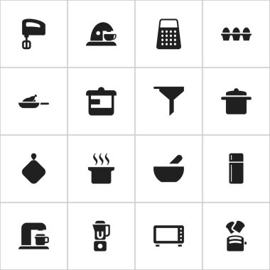 16 düzenlenebilir yemek simgeler kümesi. Karıştırıcı, dilim ekmek, içecek makinesi ve daha fazla gibi simgeler içerir. Web, mobil, UI ve Infographic tasarımı için kullanılabilir.