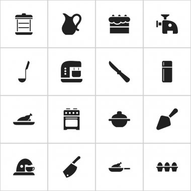 16 düzenlenebilir pişirme simgeler kümesi. Yumurta kartonu, kıyma makinesi, buzdolabı ve daha fazlası gibi simgeler içerir. Web, mobil, UI ve Infographic tasarımı için kullanılabilir.