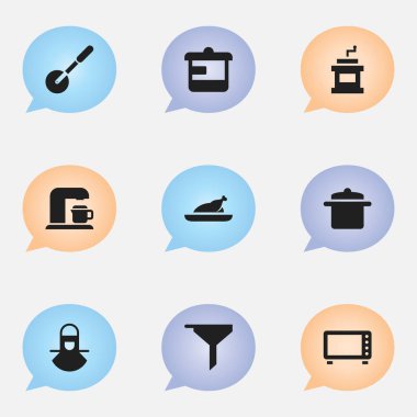 9 düzenlenebilir Cook simgeler kümesi. Fırın, Mocha değirmeni, içecek makinesi ve daha fazla gibi simgeler içerir. Web, mobil, UI ve Infographic tasarımı için kullanılabilir.