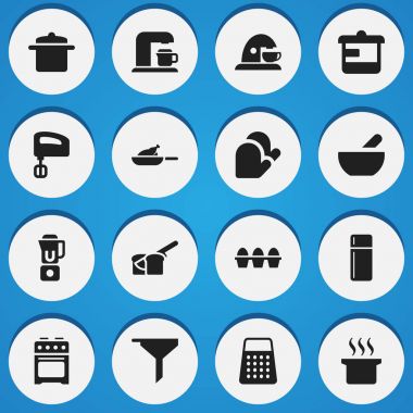 16 düzenlenebilir gıda simgeler kümesi. Buzdolabı, Çorba kazanı, mutfak eldiveni ve daha fazlası gibi simgeler içerir. Web, mobil, UI ve Infographic tasarımı için kullanılabilir.