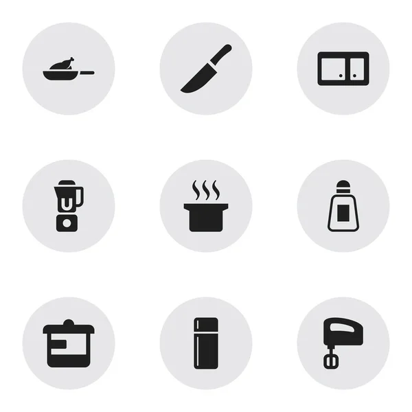 Set di 9 icone alimentari modificabili. Include simboli come griglia, credenza, frigorifero e altro ancora. Può essere utilizzato per la progettazione web, mobile, UI e infografica . — Vettoriale Stock