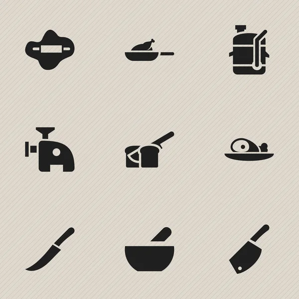 Набір з 9 можна редагувати їжі іконок. Включає в себе символи, такі як тісто, Backsword, гриль і багато іншого. Може використовуватися для веб, мобільні, призначеного для користувача інтерфейсу і інфографіки дизайн. — стоковий вектор