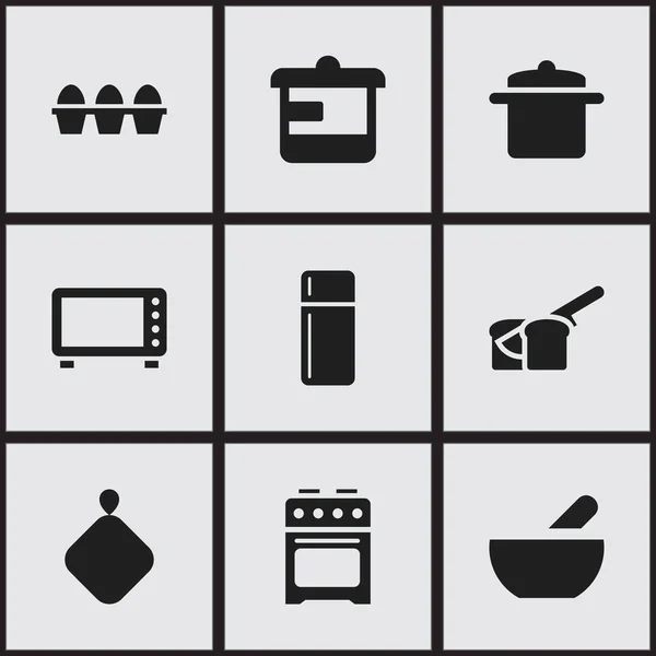 Zestaw 9 ikon można edytować posiłek. Zawiera symbole, takie jak zupa, piekarnik, lodówka i inne. Mogą być używane dla sieci Web, mobilnych, interfejsu użytkownika i Infographic Design. — Wektor stockowy