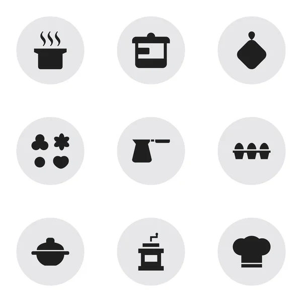 Zestaw 9 ikon można edytować posiłek. Zawiera symbole, takie jak naczynie, rondel, Cook Cap i więcej. Mogą być używane dla sieci Web, mobilnych, interfejsu użytkownika i Infographic Design. — Wektor stockowy